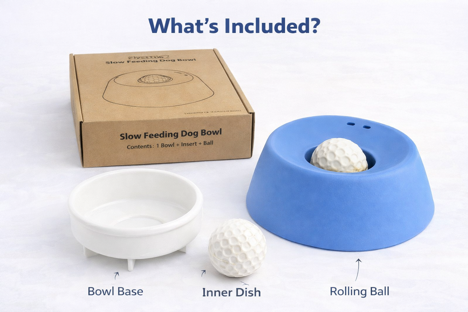 Slow feeding dog bowl set with box, blue bowl, white insert, and rolling ball from ReliableGoods.