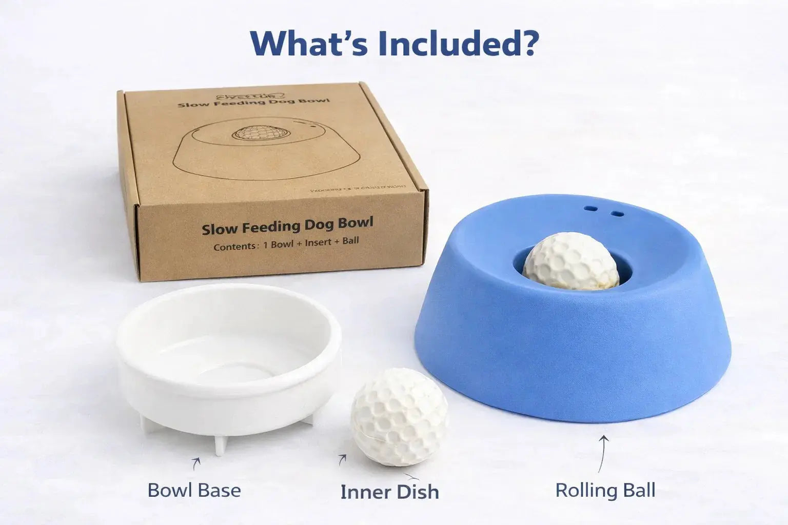 Slow feeding dog bowl set with blue bowl, white insert, rolling ball, and packaging box