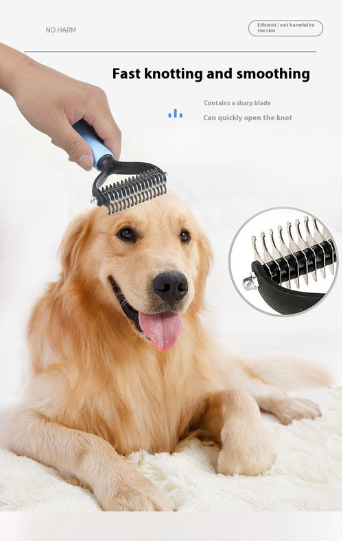 Dematting comb being used on a golden retriever's coat