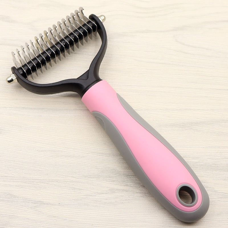 2-in-1 dog grooming comb showing wide tooth side for smoothing long coats