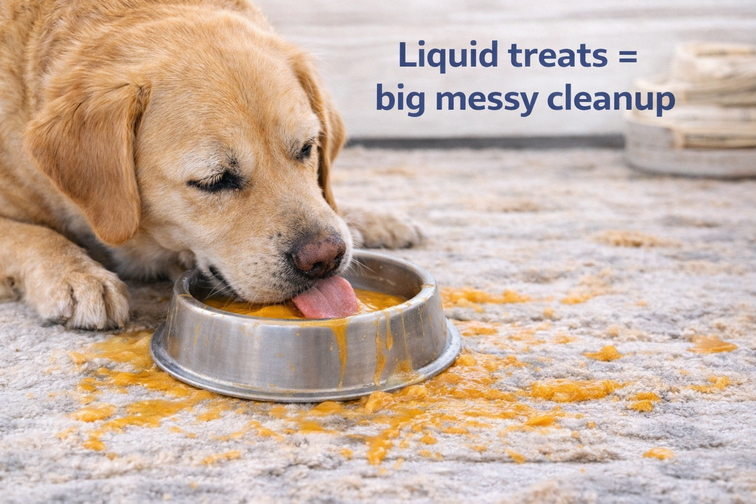 Dog licking liquid treats from metal bowl on carpet, messy pet food cleanup, ReliableGoods