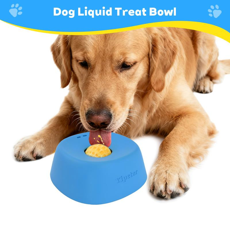 Golden retriever using blue dog liquid treat bowl, ReliableGoods pet accessory
