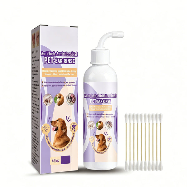 Gentle Pet Ear Wash for Dogs & Cats, Alcohol-Free Ear Cleaner with Cotton Swabs