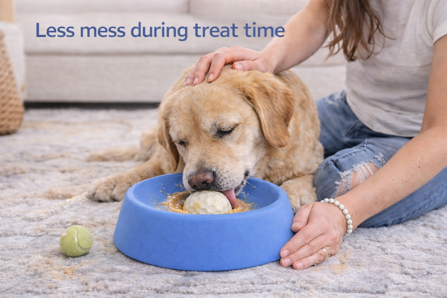 Golden retriever enjoys treats from a blue dog bowl indoors, supported by ReliableGoods shopper.