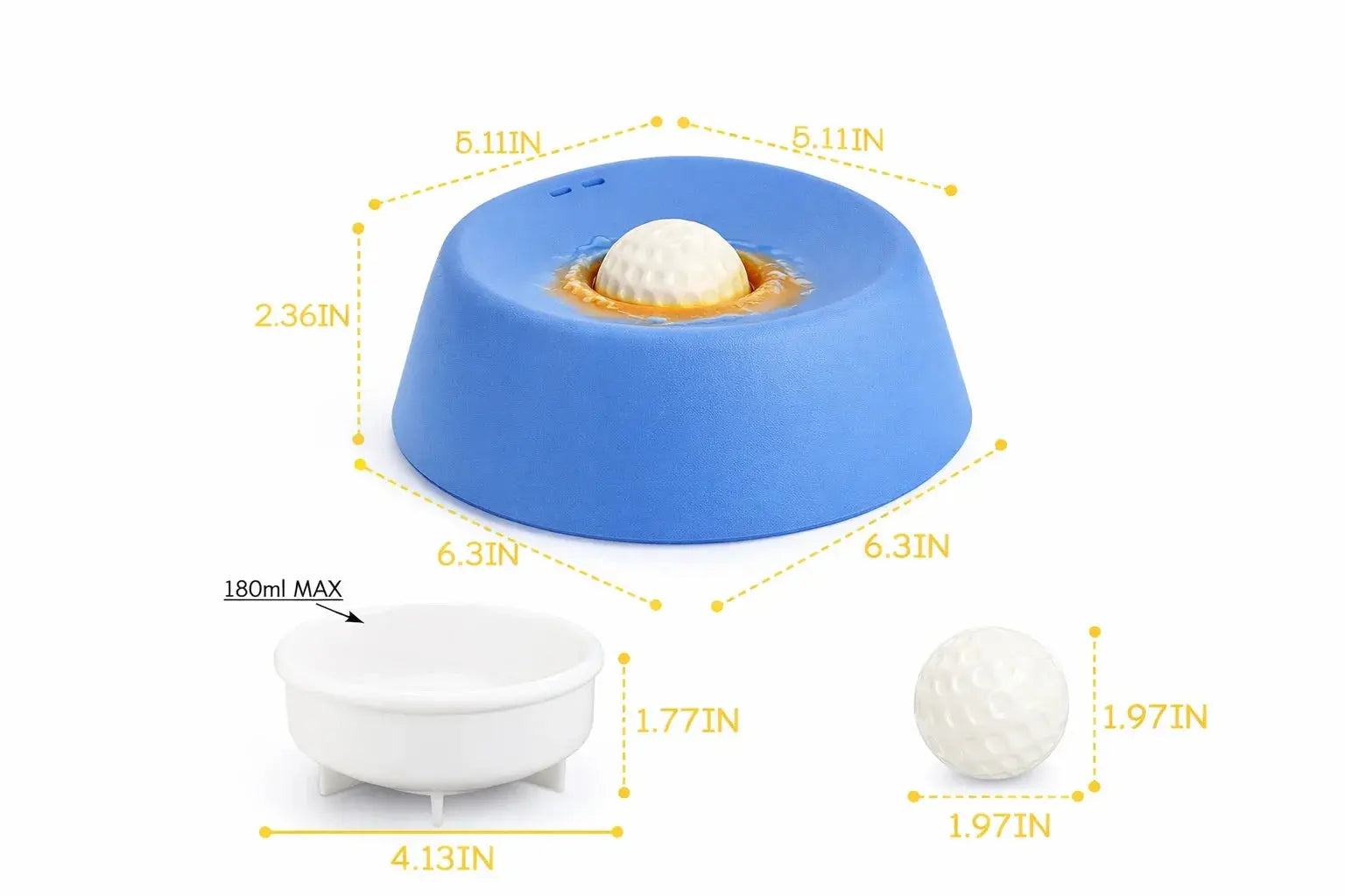 Blue dog slow feeder bowl with golf ball-shaped insert, size measurements and 180ml max inner bowl