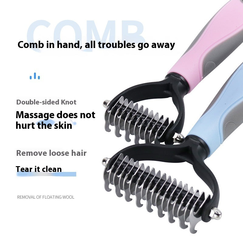 Dog detangling comb removing mats from long-haired dog coat