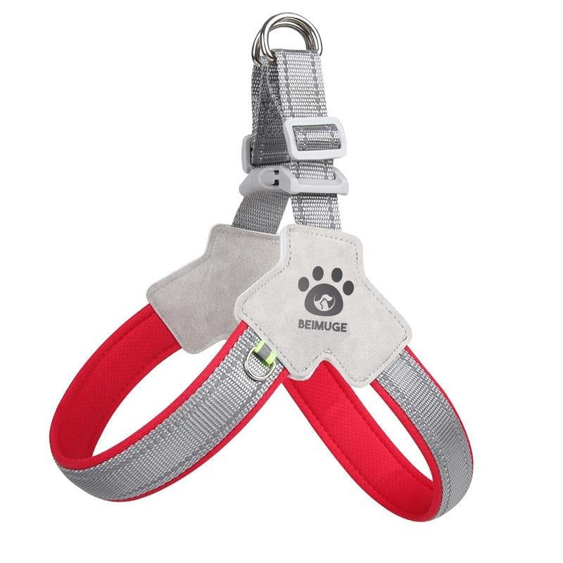 Dog harness with front and back leash attachment points padded chest panel