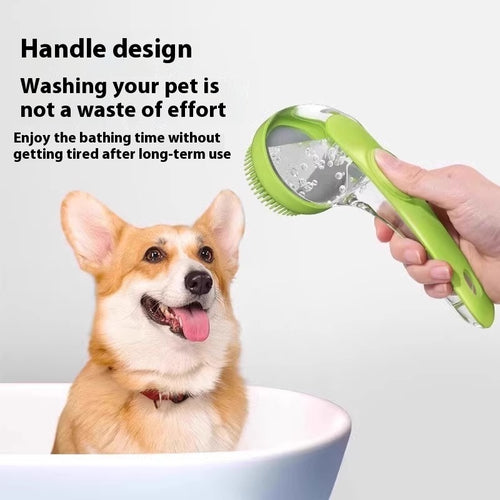 Corgi sitting in a bath tub being washed with the green silicone bath brush