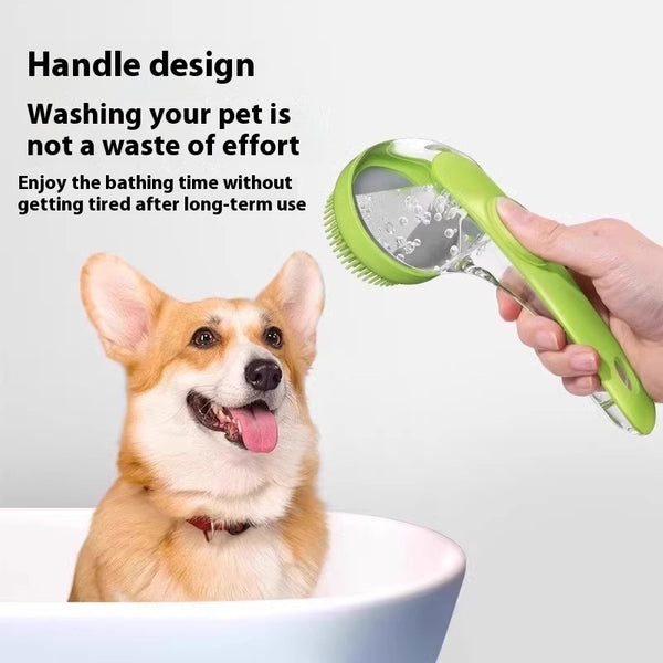 Corgi sitting in a bath tub being washed with the green silicone bath brush