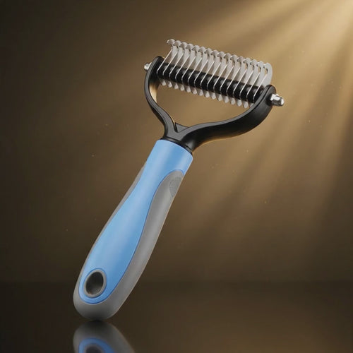 Digitally animated visualization of the 2-in-1 dog grooming comb, blue colorway, rotating on a turntable in golden studio light