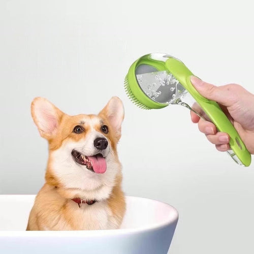 Corgi in a tub beside the green bath brush, shampoo visible in its clear reservoir handle