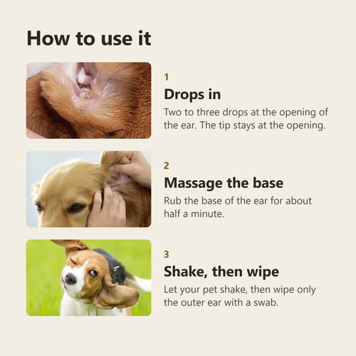 How to use it: two to three drops at the opening of the ear, massage the base, let your pet shake, then wipe only the outer ear